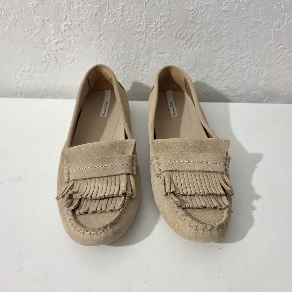 Massimo Dutti Suede Leather Beige Slip On Fringe Loafers Women's Size EU 39 US 8